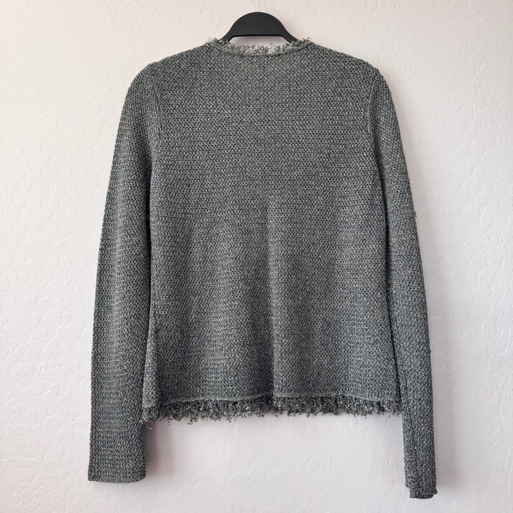 Eileen Fisher Cardigan Sweater M Gray Knit Frayed Trim‎ Snap Front Long Sleeve - Picture 2 of 6